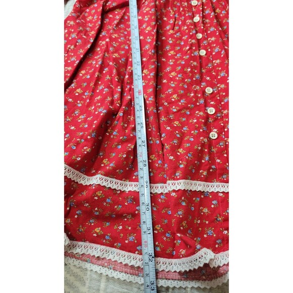 Vintage 70s Cinderella Red Floral Prairie Dress Lace Trim Size 14 Made in USA - Picture 10 of 12